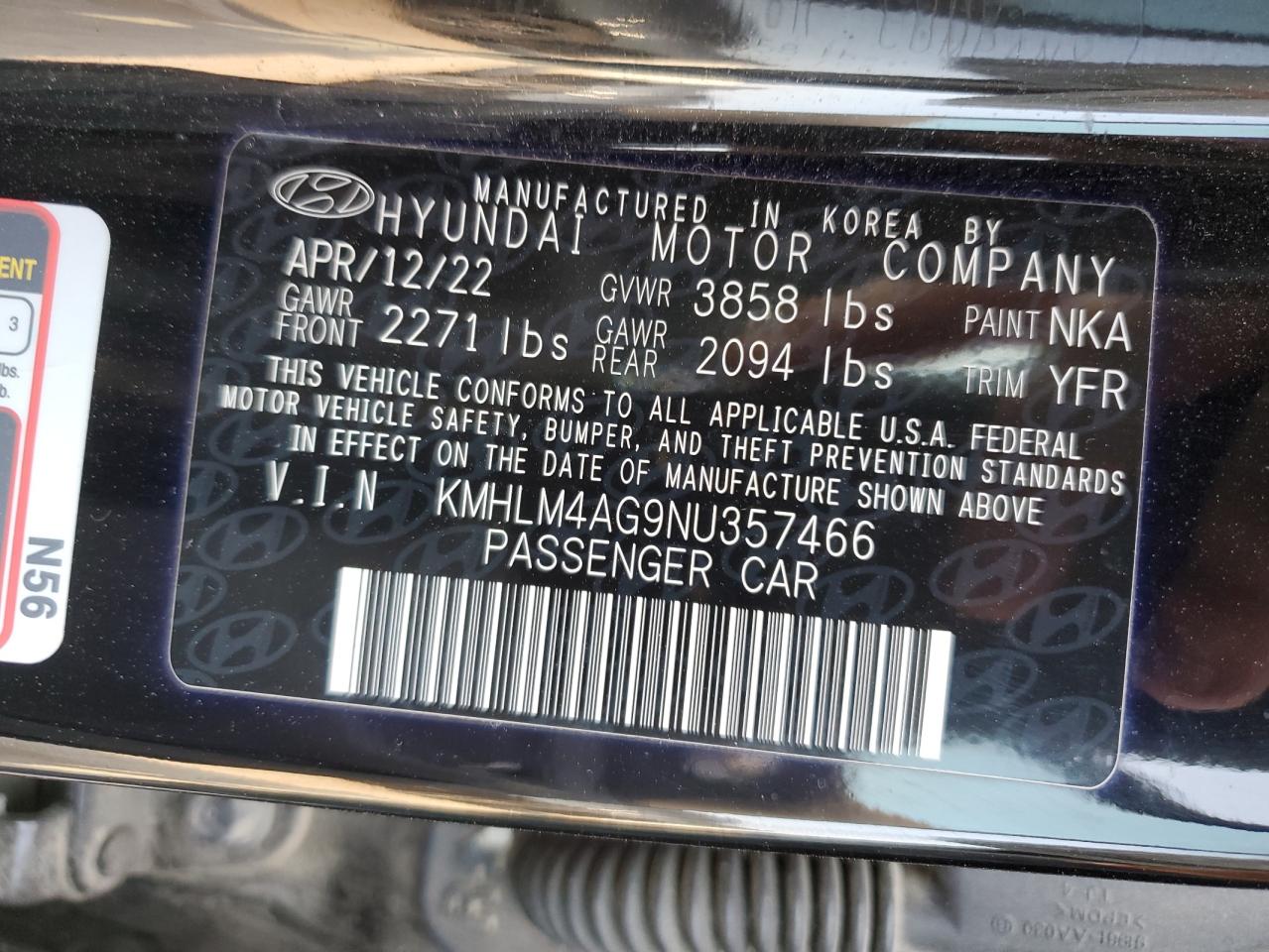 2022 HYUNDAI ELANTRA SEL VIN:KMHLM4AG9NU357466