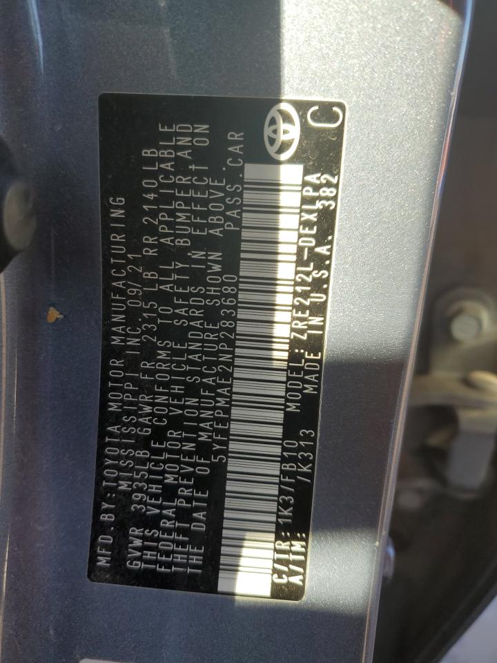 2022 TOYOTA COROLLA LE VIN:5YFEPMAE2NP283680