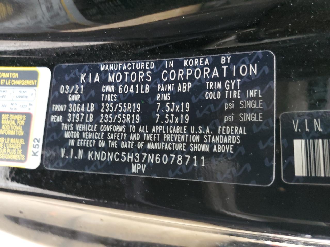 2022 KIA CARNIVAL EX VIN:KNDNC5H37N6078711