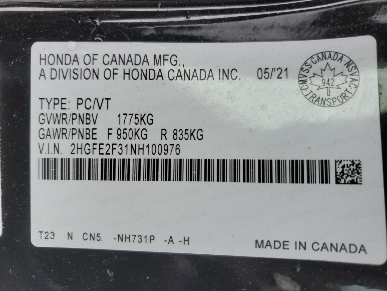 2022 HONDA CIVIC EX VIN:2HGFE2F31NH100976