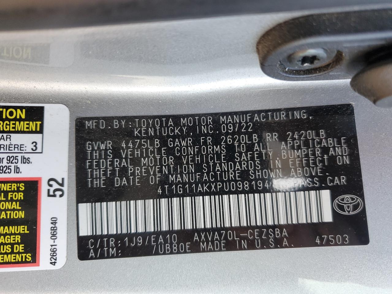 2023 TOYOTA CAMRY SE NIGHT SHADE VIN:4T1G11AKXPU098194