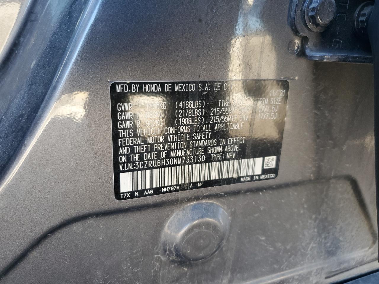 2022 HONDA HR-V LX VIN:3CZRU6H30NM733130