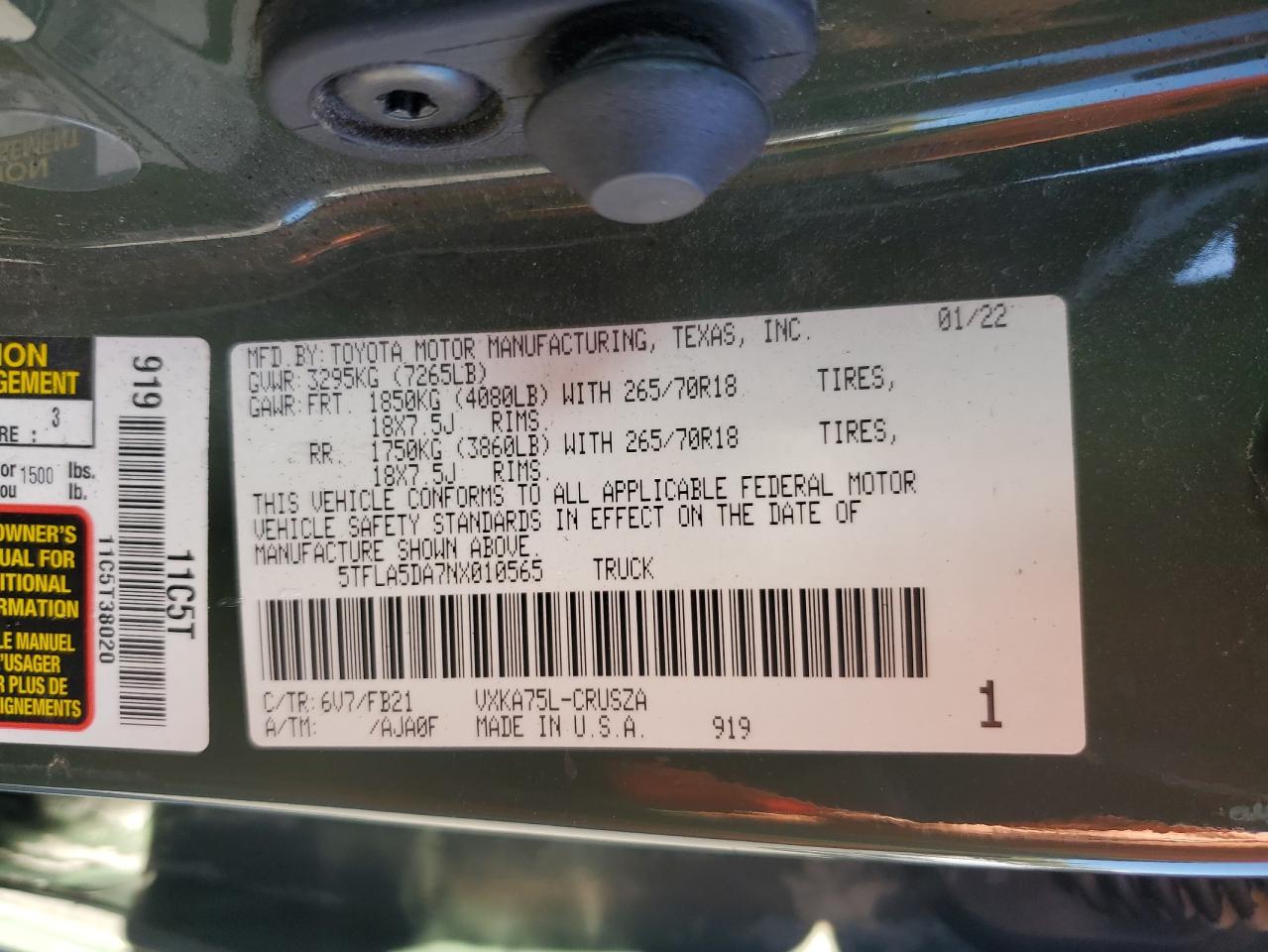 2022 TOYOTA TUNDRA DOUBLE CAB SR VIN:5TFLA5DA7NX010565