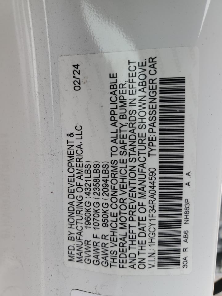2024 HONDA ACCORD EX VIN:1HGCY1F34RA044590