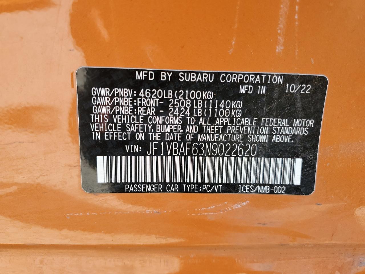 2022 SUBARU WRX PREMIUM VIN:JF1VBAF63N9022620