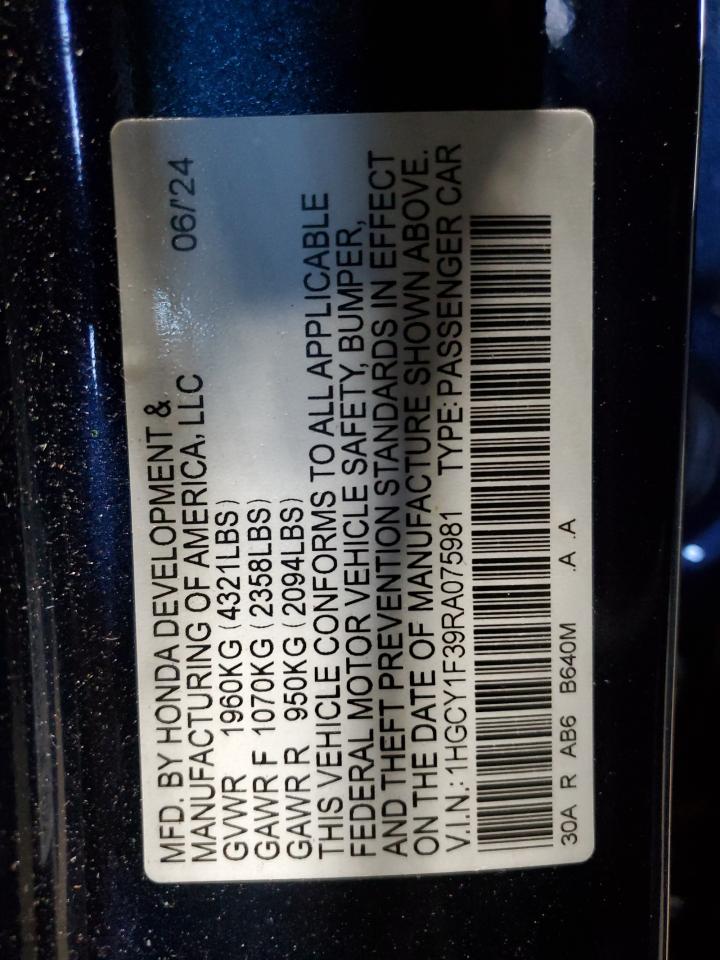 2024 HONDA ACCORD EX VIN:1HGCY1F39RA075981