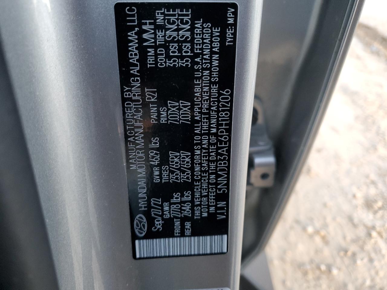 2023 HYUNDAI TUCSON SEL VIN:5NMJB3AE6PH181206