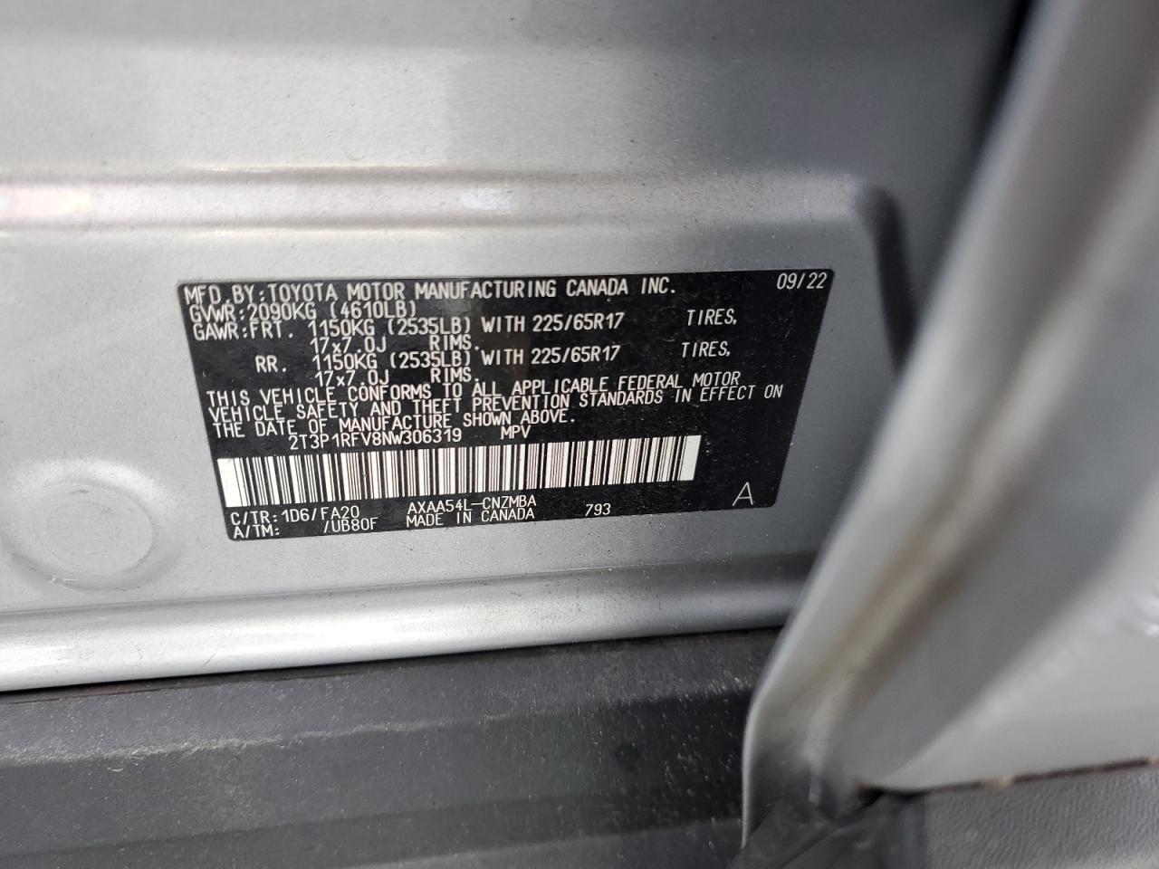 2022 TOYOTA RAV4 XLE VIN:2T3P1RFV8NW306319