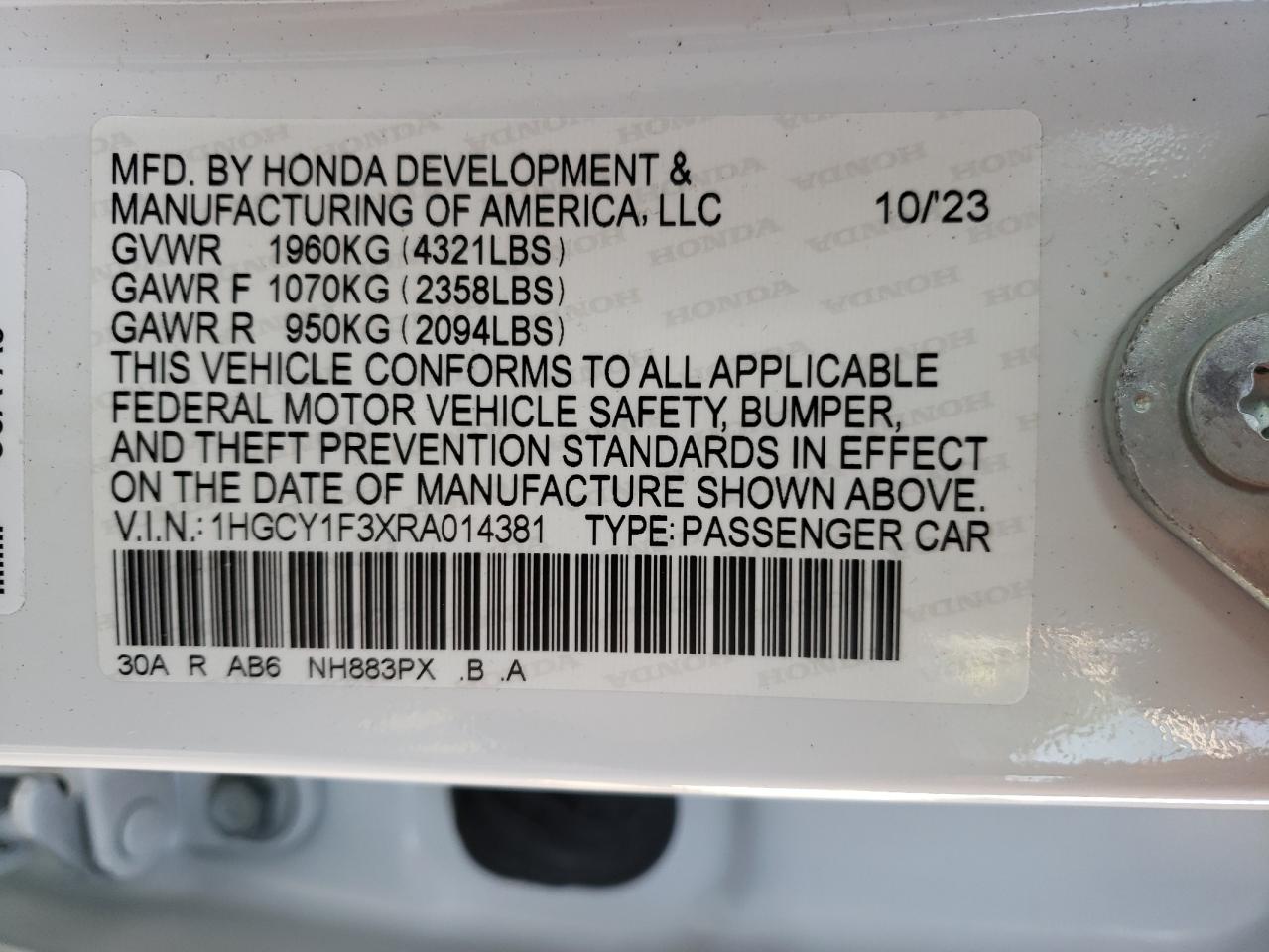 2024 HONDA ACCORD EX VIN:1HGCY1F3XRA014381