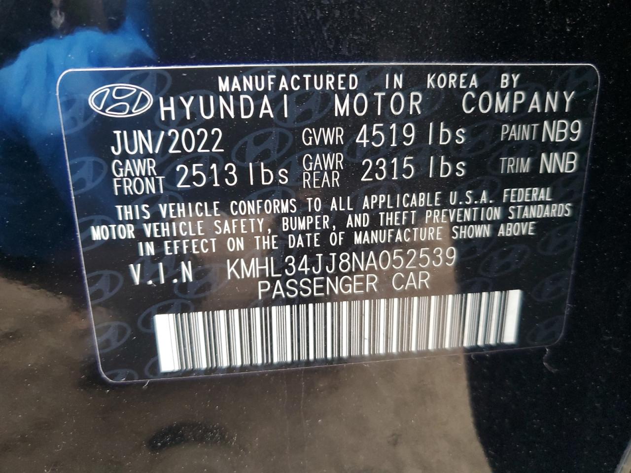 2022 HYUNDAI SONATA HYBRID VIN:KMHL34JJ8NA052539