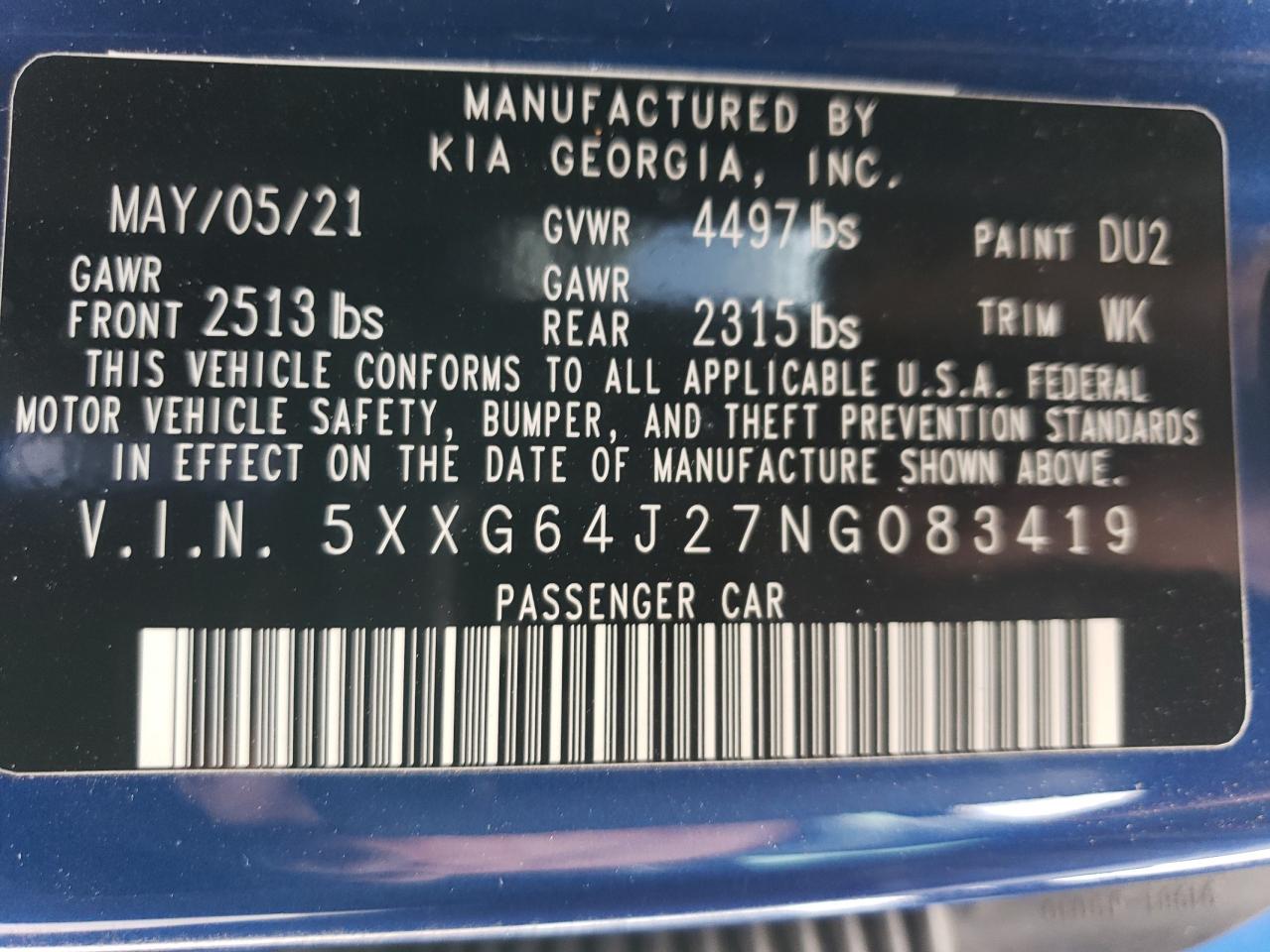 2022 KIA K5 GT LINE VIN:5XXG64J27NG083419