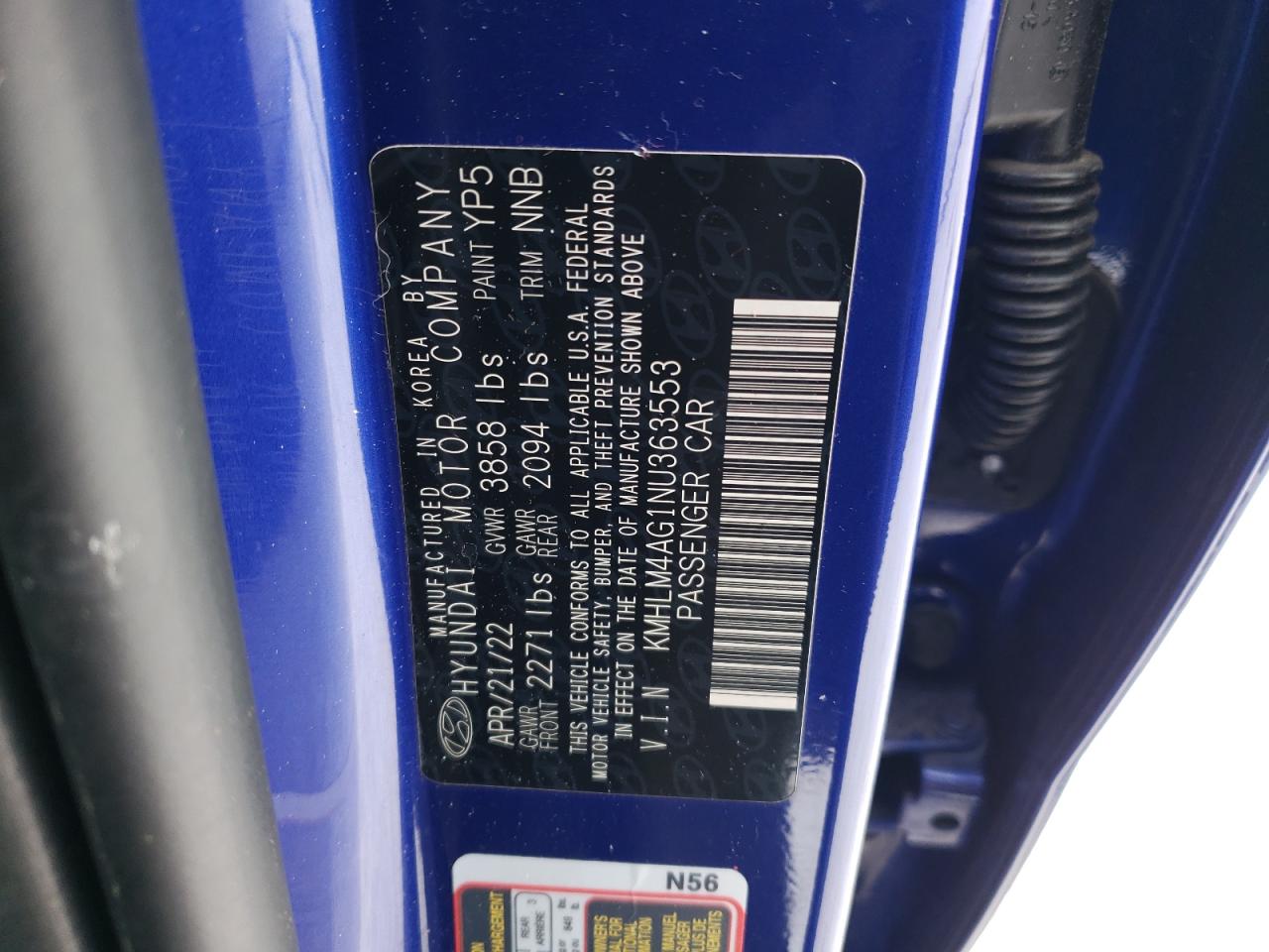 2022 HYUNDAI ELANTRA SEL VIN:KMHLM4AG1NU363553