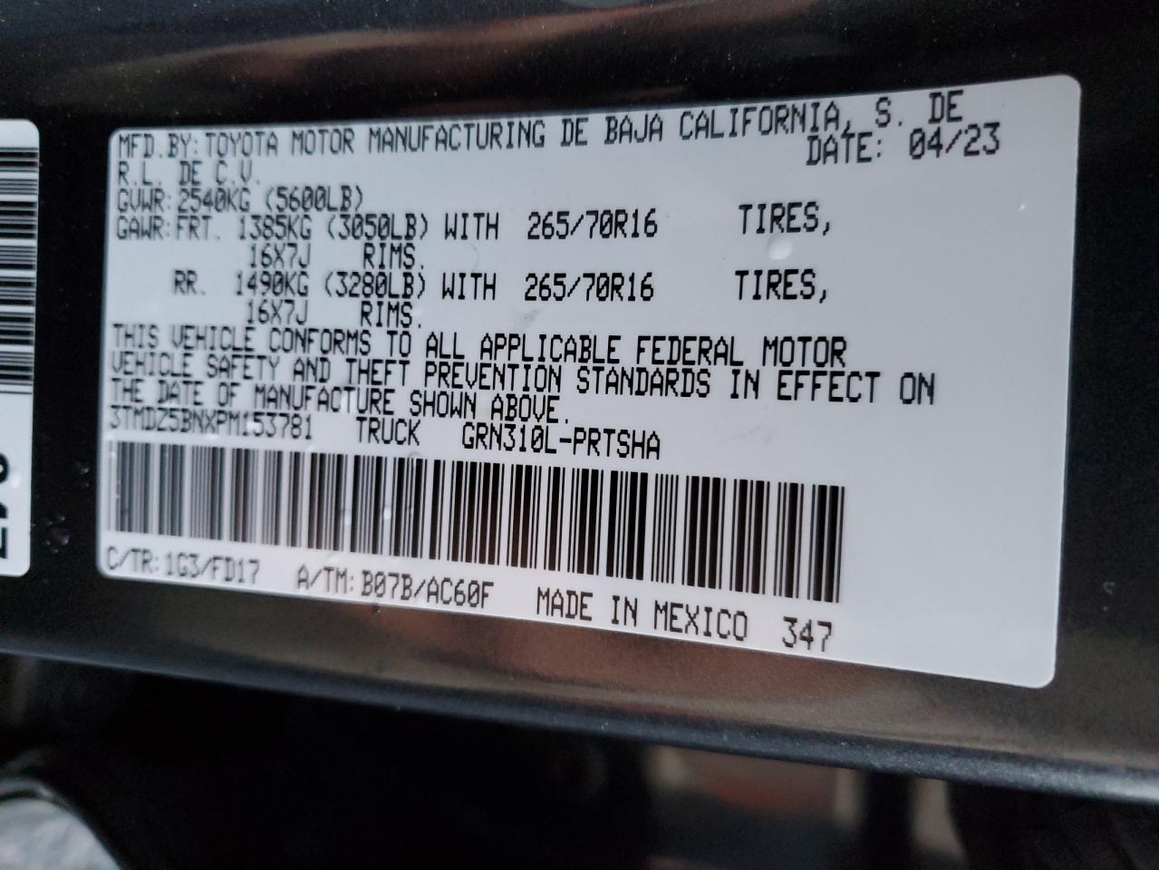 2023 TOYOTA TACOMA DOUBLE CAB VIN:3TMDZ5BNXPM153781