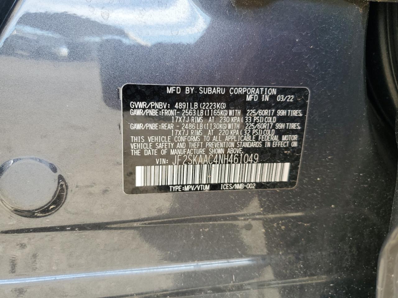 2022 SUBARU FORESTER  VIN:JF2SKAAC4NH461049