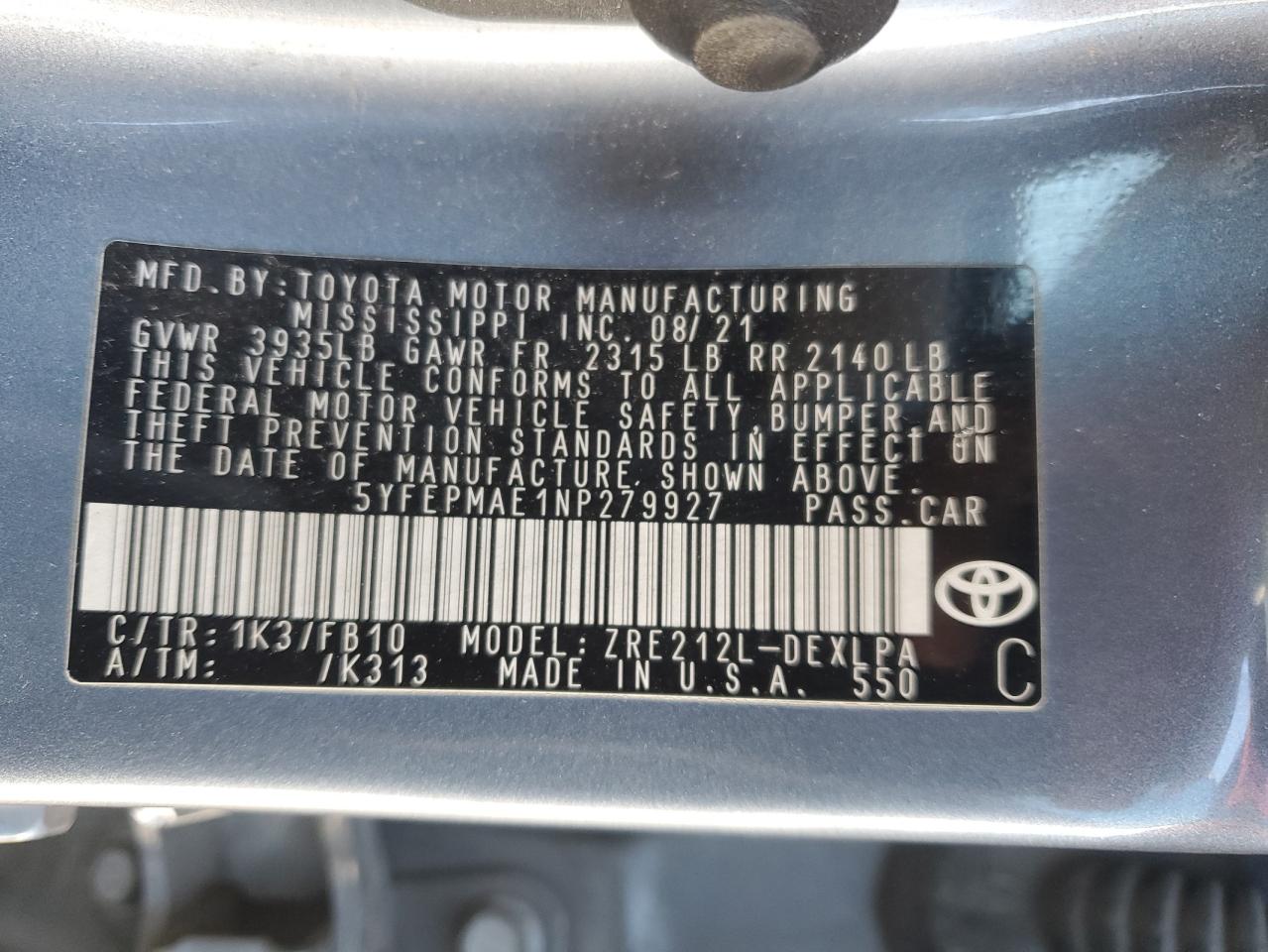 2022 TOYOTA COROLLA LE VIN:5YFEPMAE1NP279927