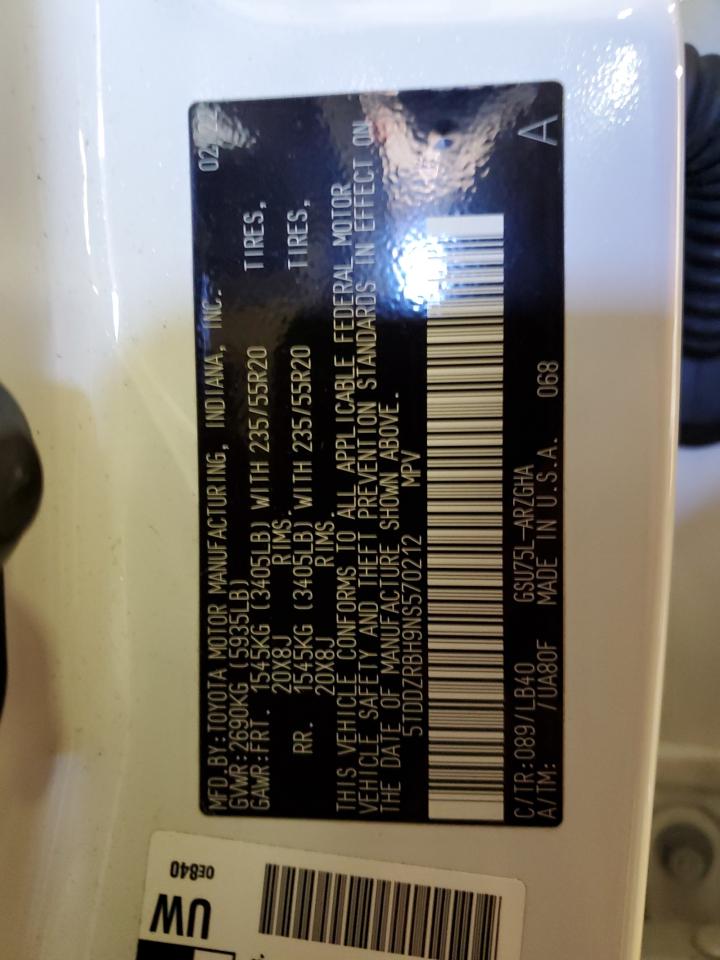 2022 TOYOTA HIGHLANDER LIMITED VIN:5TDDZRBH9NS570212