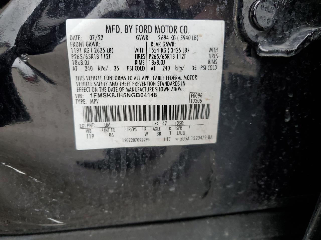 2022 FORD EXPLORER TIMBERLINE VIN:1FMSK8JH5NGB64148