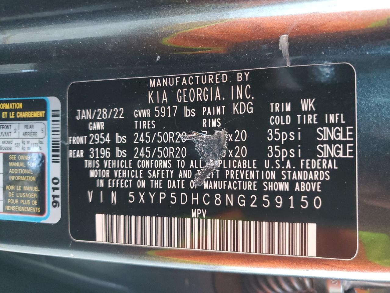 2022 KIA TELLURIDE SX VIN:5XYP5DHC8NG259150