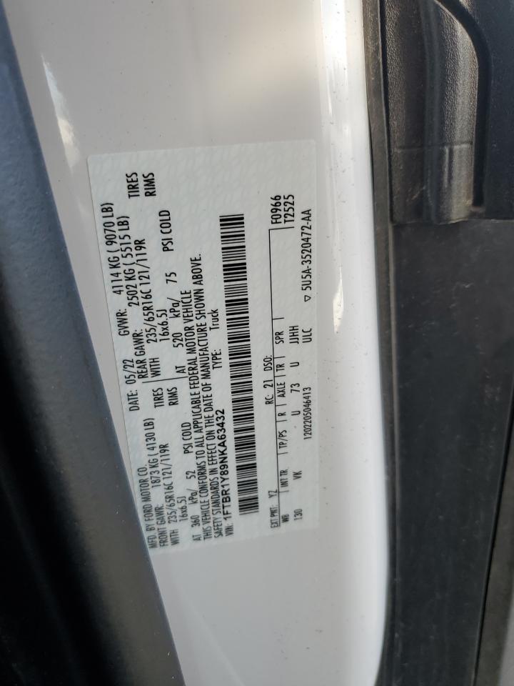 2022 FORD TRANSIT T-250 VIN:1FTBR1Y89NKA63432