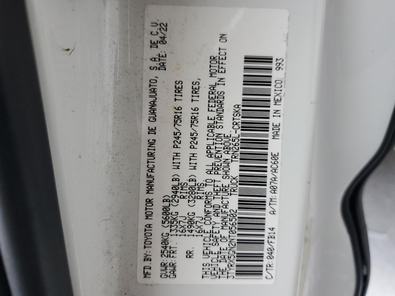 2022 TOYOTA TACOMA ACCESS CAB VIN:3TYRX5GN2NT056502