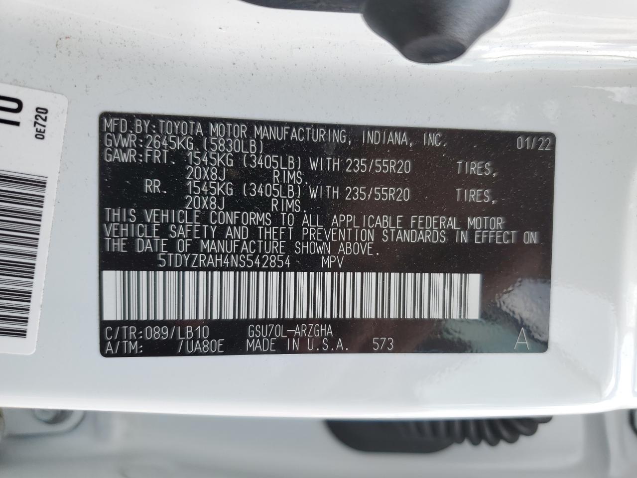 2022 TOYOTA HIGHLANDER LIMITED VIN:5TDYZRAH4NS542854