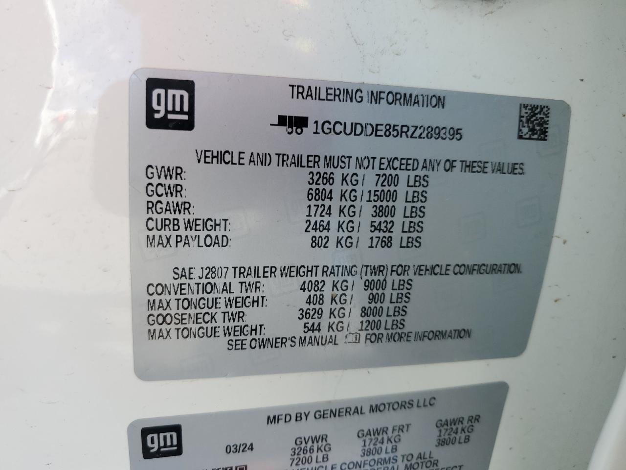 2024 CHEVROLET SILVERADO K1500 LT VIN:1GCUDDE85RZ289395