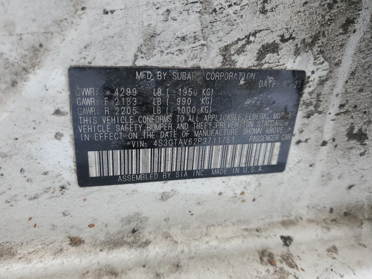 2023 SUBARU IMPREZA PREMIUM VIN:4S3GTAV62P3711751