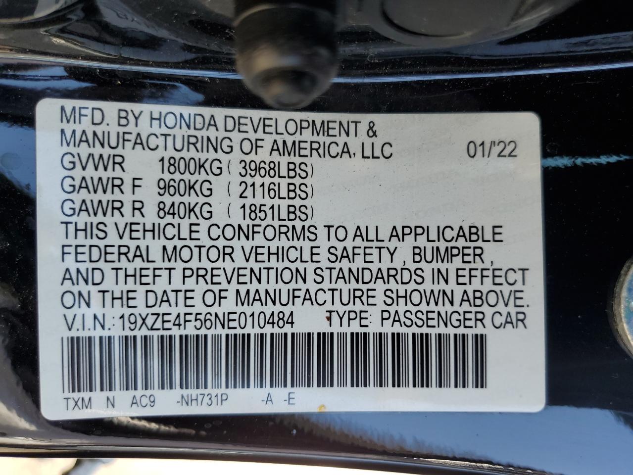 2022 HONDA INSIGHT EX VIN:19XZE4F56NE010484