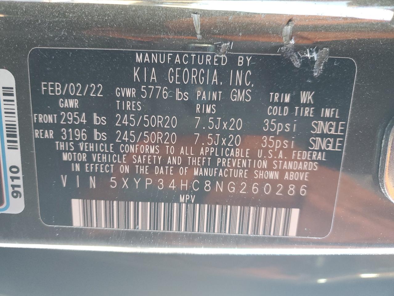 2022 KIA TELLURIDE EX VIN:5XYP34HC8NG260286