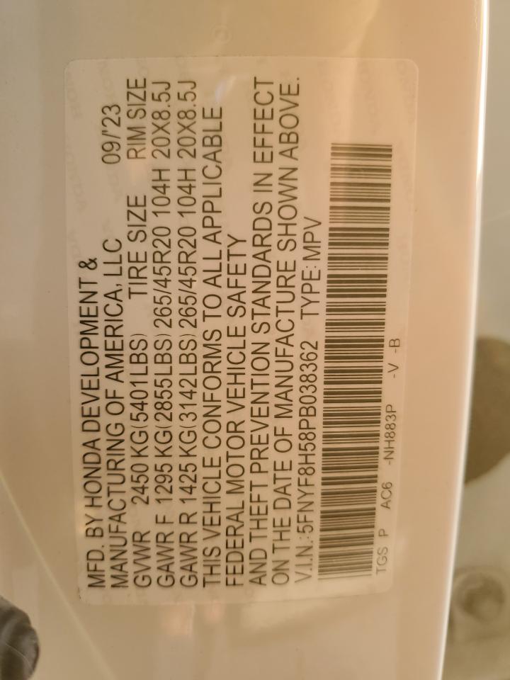 2023 HONDA PASSPORT EXL VIN:5FNYF8H58PB038362