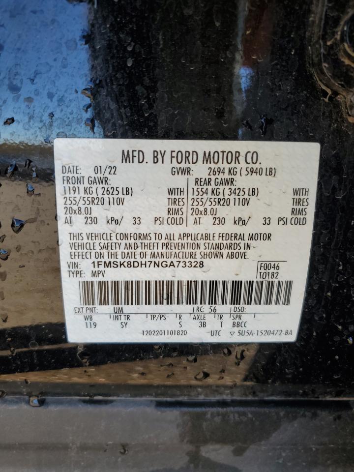 2022 FORD EXPLORER XLT VIN:1FMSK8DH7NGA73328