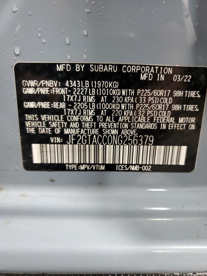 2022 SUBARU CROSSTREK PREMIUM VIN:JF2GTACC0NG256379