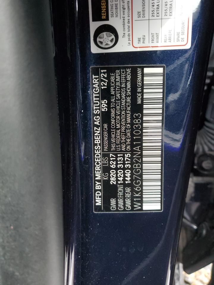 2022 MERCEDES-BENZ S 580 4MATIC VIN:W1K6G7GB2NA110383