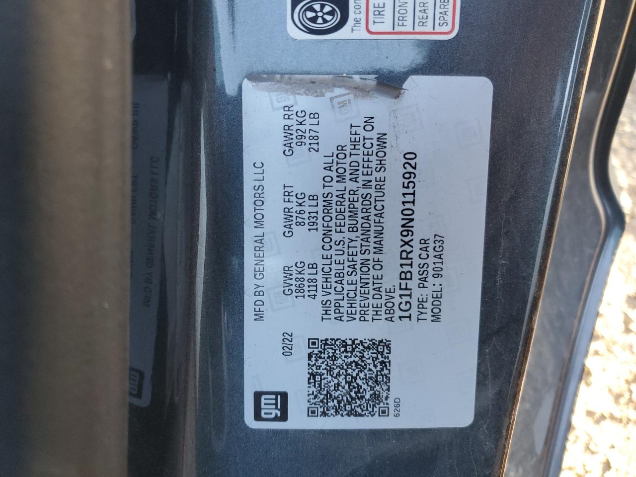 2022 CHEVROLET CAMARO LS VIN:1G1FB1RX9N0115920