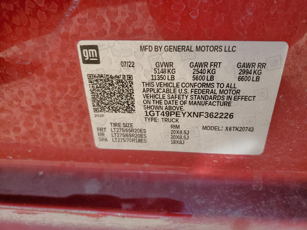 2022 GMC SIERRA K2500 AT4 VIN:1GT49PEYXNF362226