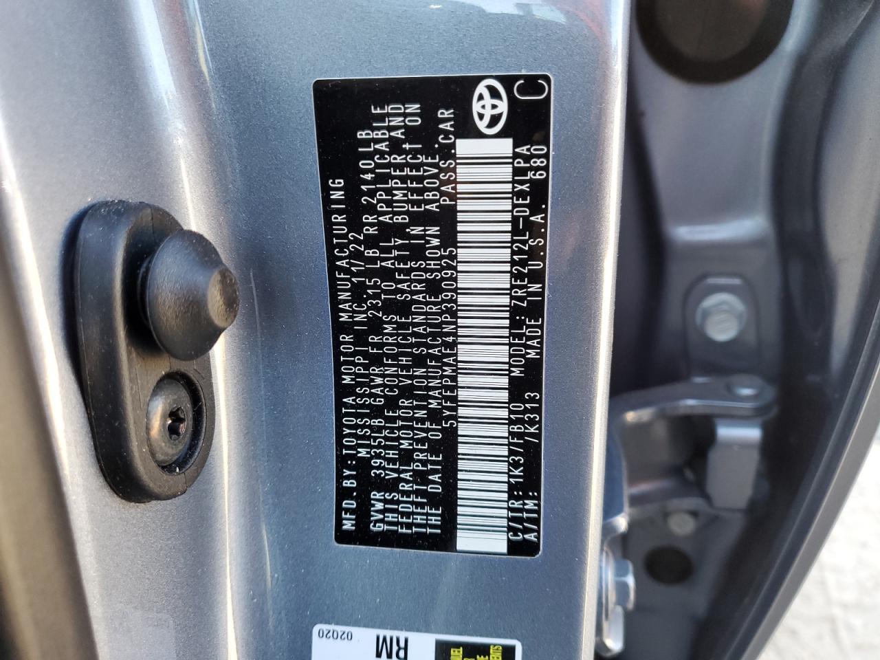 2022 TOYOTA COROLLA LE VIN:5YFEPMAE4NP390925