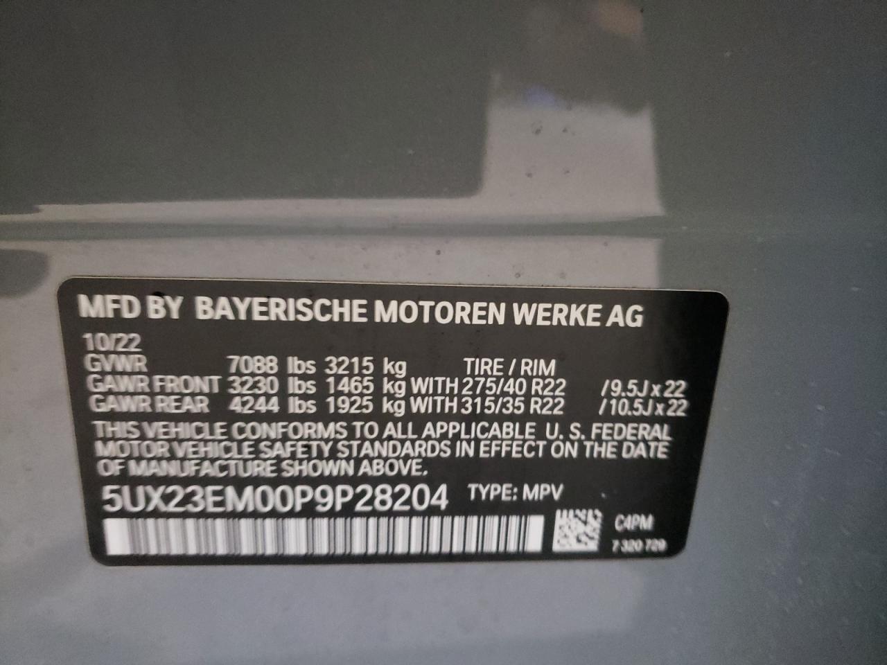 2023 BMW X7 XDRIVE40I VIN:5UX23EM00P9P28204