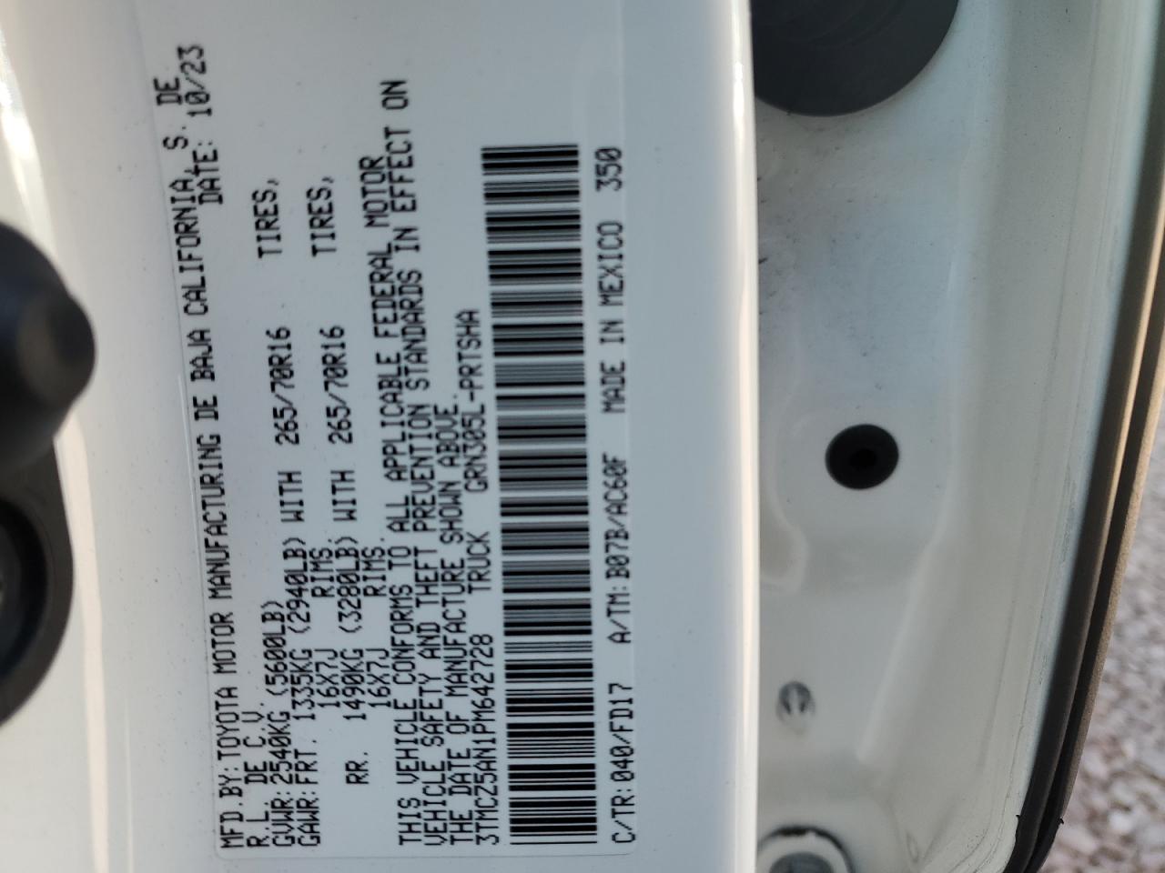 2023 TOYOTA TACOMA DOUBLE CAB VIN:3TMCZ5AN1PM642728