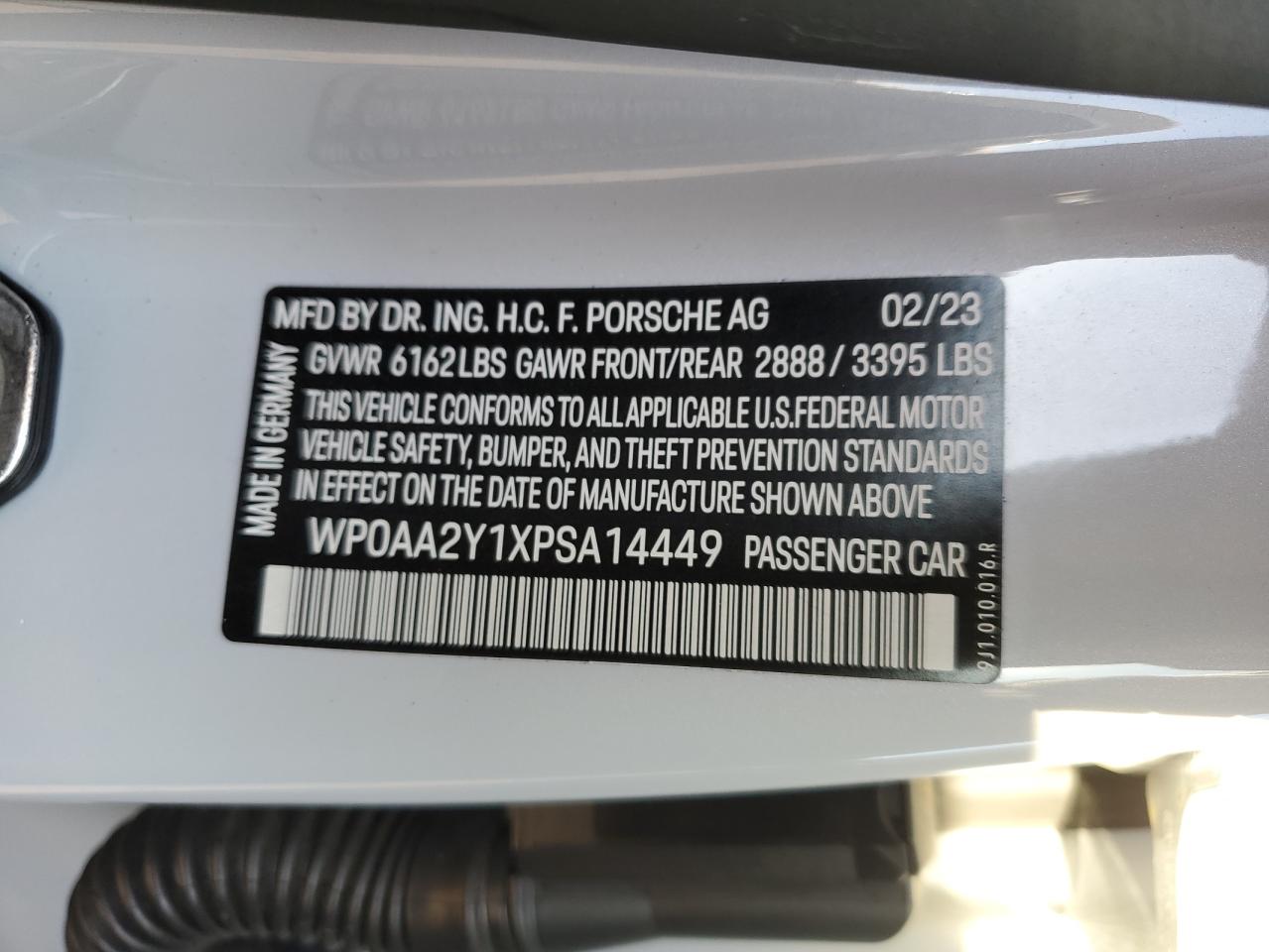 2023 PORSCHE TAYCAN  VIN:WP0AA2Y1XPSA14449