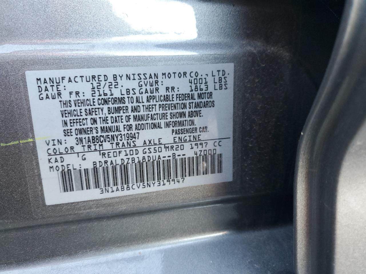 2022 NISSAN SENTRA SV VIN:3N1AB8CV5NY319947