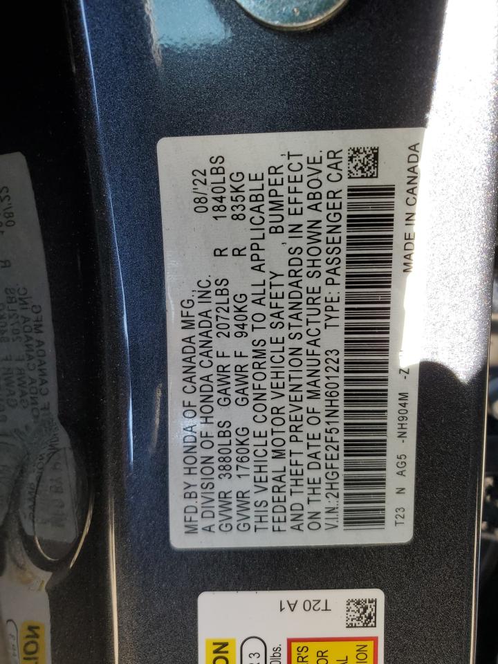 2022 HONDA CIVIC SPORT VIN:2HGFE2F51NH601223
