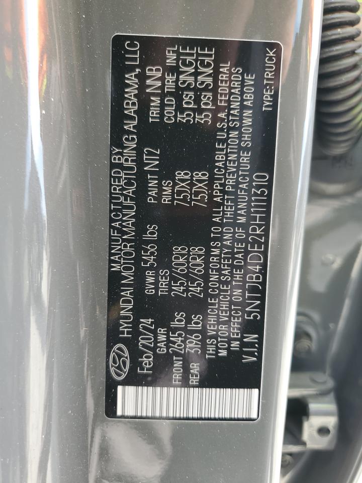 2024 HYUNDAI SANTA CRUZ SEL VIN:5NTJB4DE2RH111310