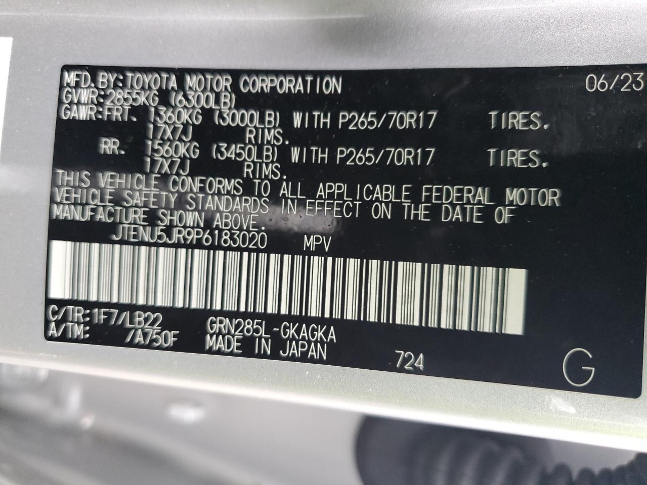 2023 TOYOTA 4RUNNER SE VIN:JTENU5JR9P6183020