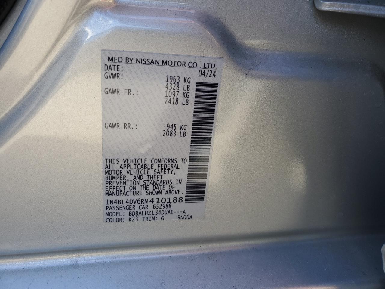 2024 NISSAN ALTIMA SV VIN:1N4BL4DV6RN410188