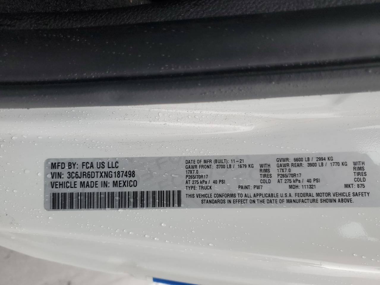 2022 RAM 1500 CLASSIC TRADESMAN VIN:3C6JR6DTXNG187498