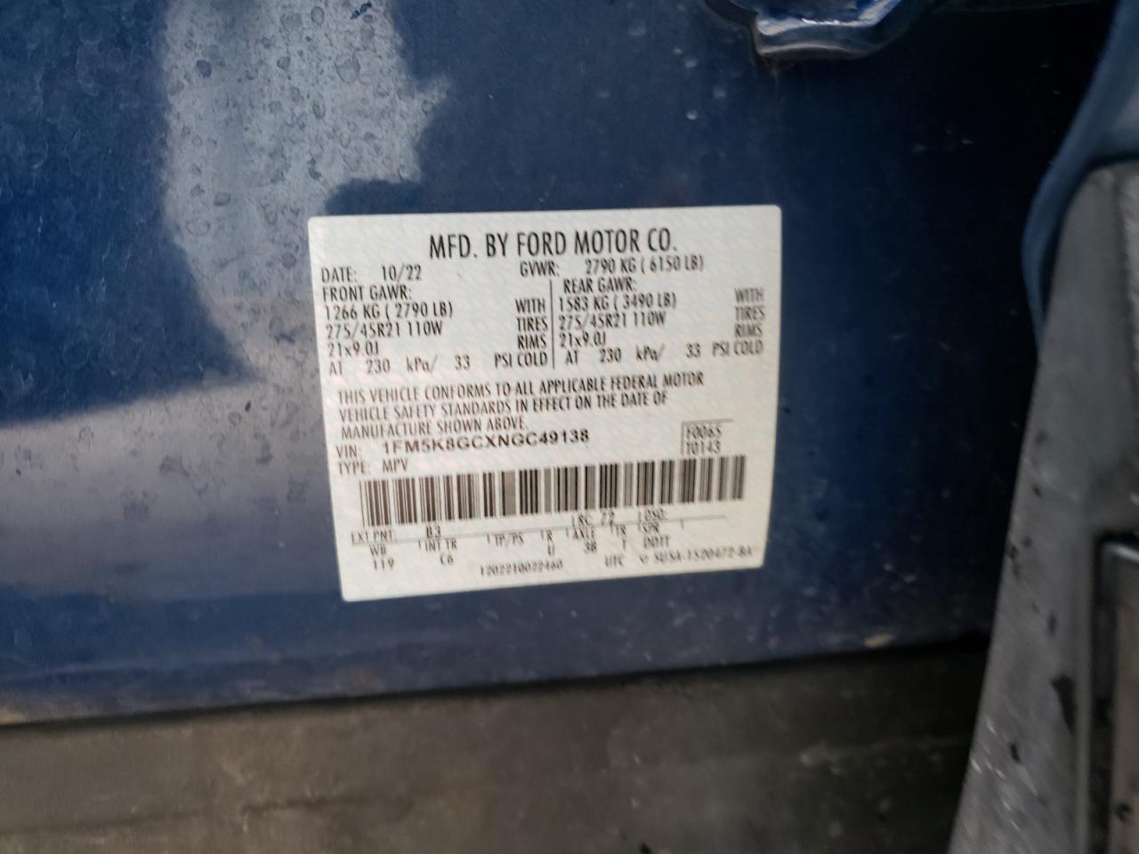 2022 FORD EXPLORER ST VIN:1FM5K8GCXNGC49138