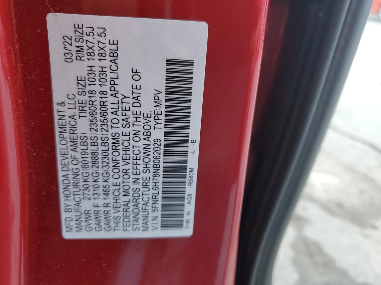 2022 HONDA ODYSSEY EXL VIN:5FNRL6H78NB062029