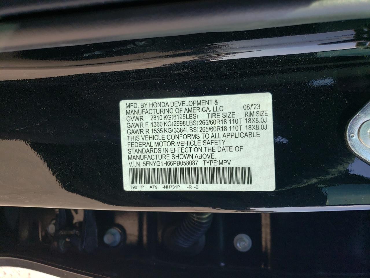 2023 HONDA PILOT TRAILSPORT VIN:5FNYG1H66PB058087