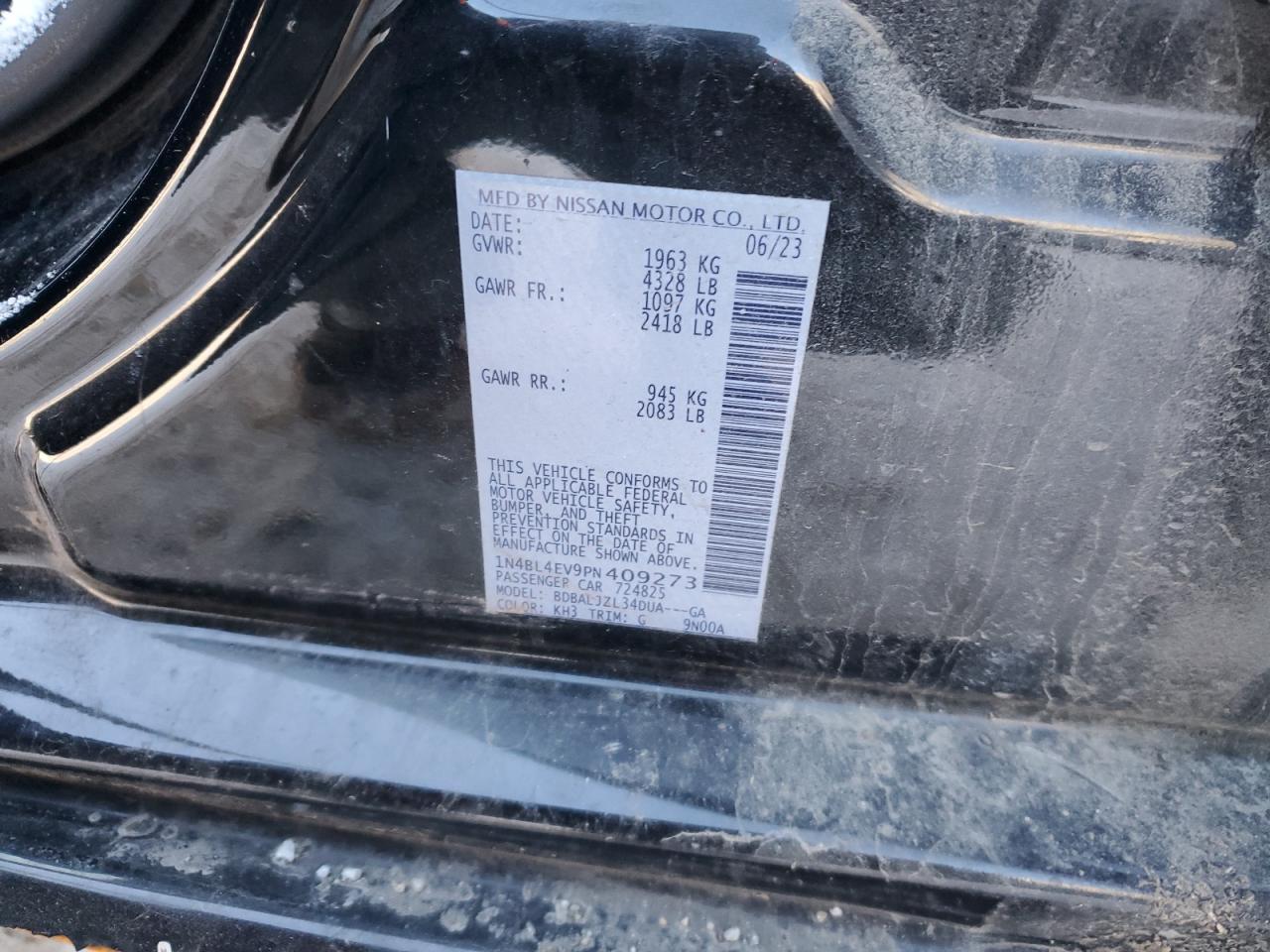 2023 NISSAN ALTIMA SL VIN:1N4BL4EV9PN409273