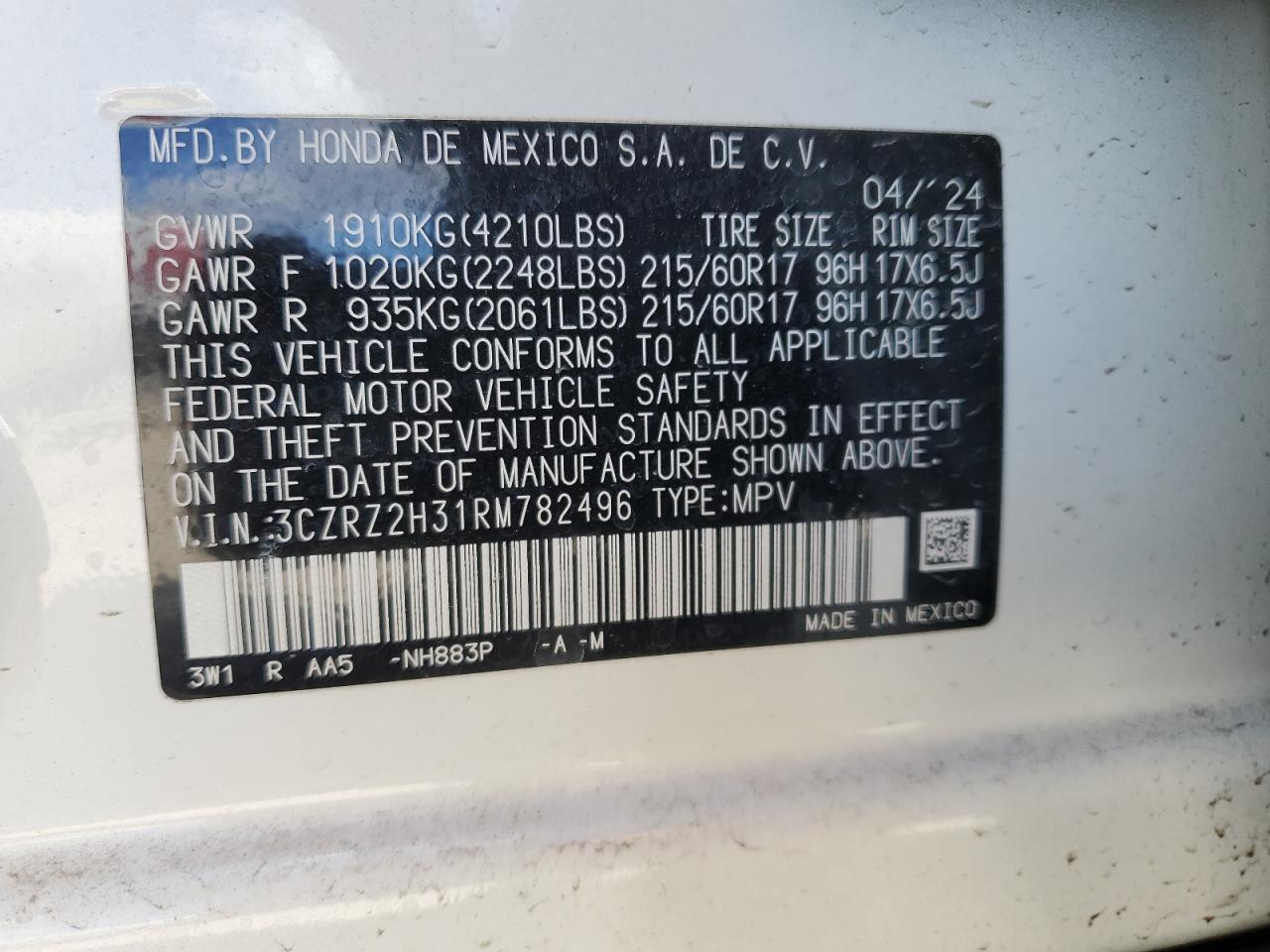 2024 HONDA HR-V LX VIN:3CZRZ2H31RM782496